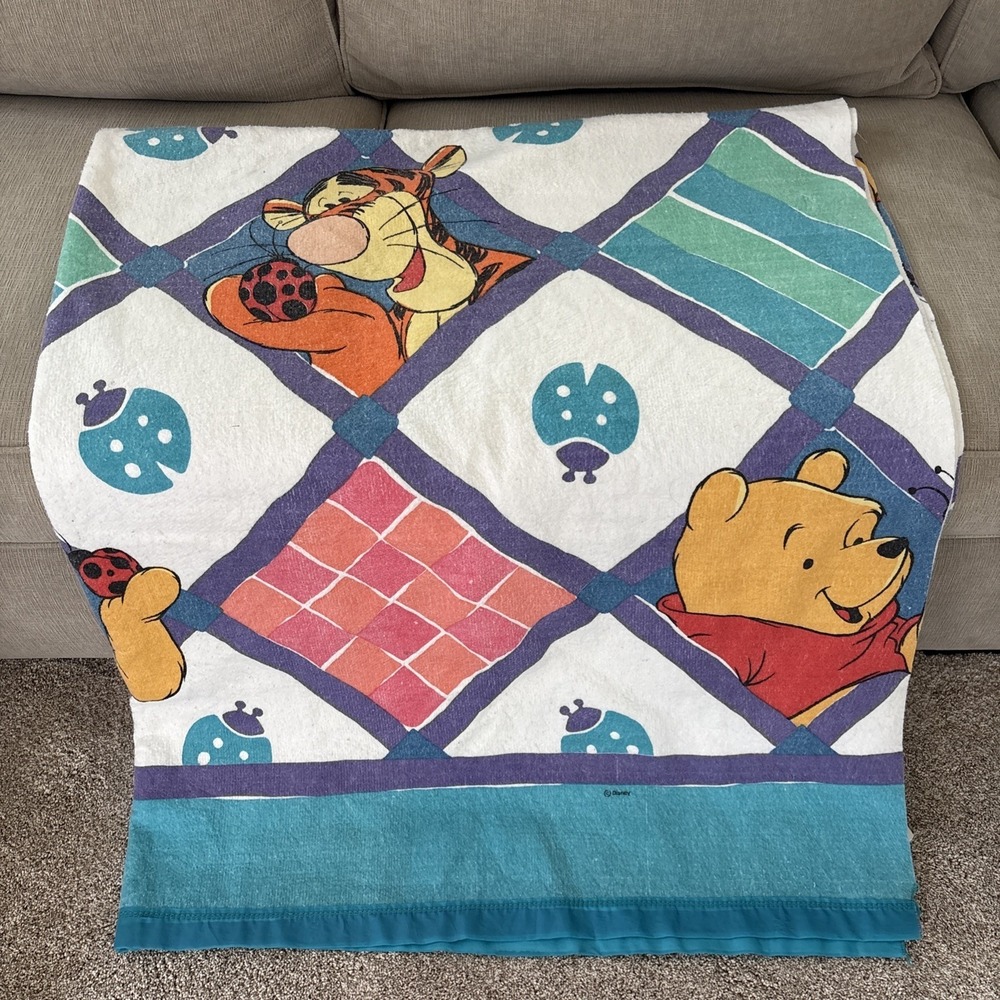 Vintage Disney Winnie The Pooh & Tigger Bed Blanket Mod Color Block 80s/90s USA
